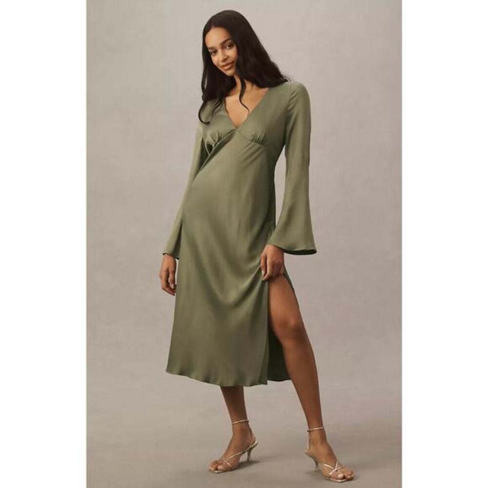 BHLDN Avani‎ V-Neck Long-Sleeve Satin Midi Dress green